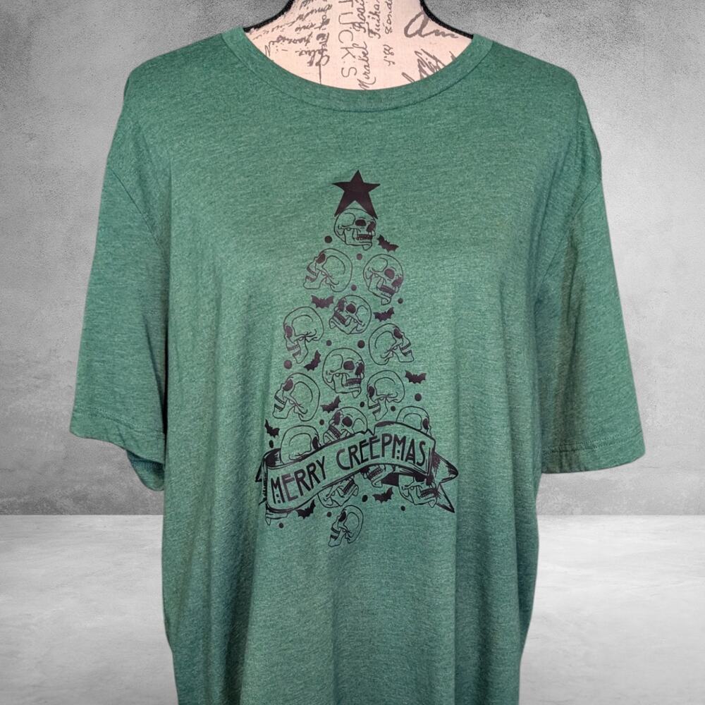 Merry Creepmas Gothic Christmas Tree Skull T-Shirt, Green XL